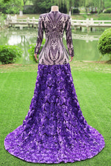 Purple Rose Prom Dresses Sequined V Neck Mermaid Evening Party Dresses Flowers Long Sleeves Pageant Gown