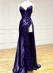 Purple Satin with Lace V-neckline Straps Long Party Dress, Black Prom Dress