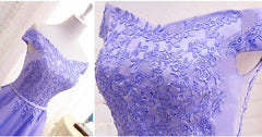 Purple Short Sleeves Lace Off Shoulder Party Dress, Cute Purple Homecoming Dress