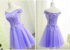 Purple Short Sleeves Lace Off Shoulder Party Dress, Cute Purple Homecoming Dress