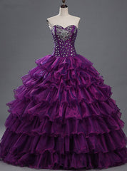 Purple Sweetheart Crystals Organza Ball Gown Quinceanera Dresses