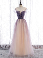 Purple Tulle Scoop Sleeve Beading Sequins Prom Dress