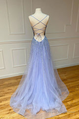 Purple tulle sequin long prom dress tulle formal dress