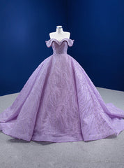 Purple Tulle Sequins Beading Off the Shoulder Prom Dress