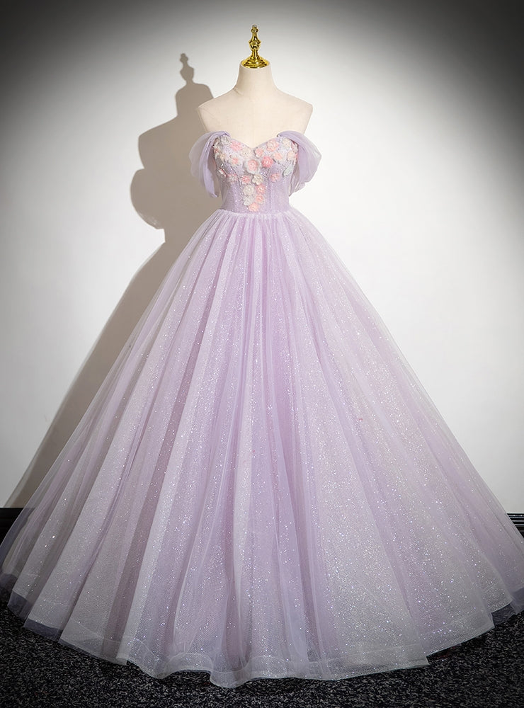 Purple Tulle Sequins Off the Shoulder Flower Prom Dress