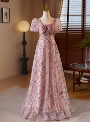 Purple Tulle Sequins Puff Sleeve Prom Dress