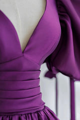 Purple V-Neck Satin Long Formal Evening Dress, A-Line Puff Sleeve Party Dress