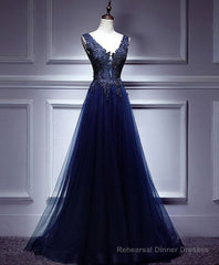 Dark Blue Lace V Neck Long Prom Dress, Lace Evening Dress