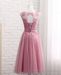 Pink Round Neck Lace Tulle Prom Dress, Lace Evening Dresses