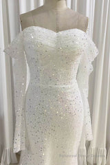 Ivory Mermaid Sequined Prom Dress with Long Sleeves, Sparkly Long Party Dresses