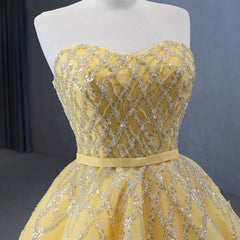 Quinceanera Dress Elegant Yellow Strapless Sequins Ball Gown Lace Up Pleated Evening Dress