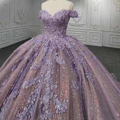 Quinceanera Purple  Off-the-Shoulder Ball Gown Flower Dress