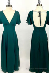 Flounce Sleeves Green Chiffon V Neck Long Bridesmaid Dress