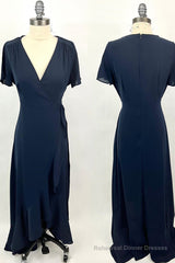 Short Sleeves Navy Blue Chiffon A-line Long Bridesmaid Dress