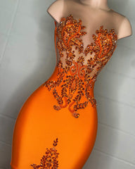 Radiant Orange Embellished Mermaid Gown with Feather Details