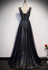 Black V-Neck Tulle Long Prom Dresses, A-Line Evening Dresses