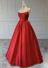 Red A-Line Sleeveless Square Neckline Satin Prom Dress