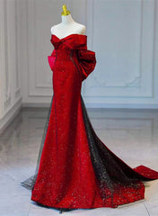 Red and Black Sweetheart Off Shoulder Formal Dress, Long Prom Dress with Bow