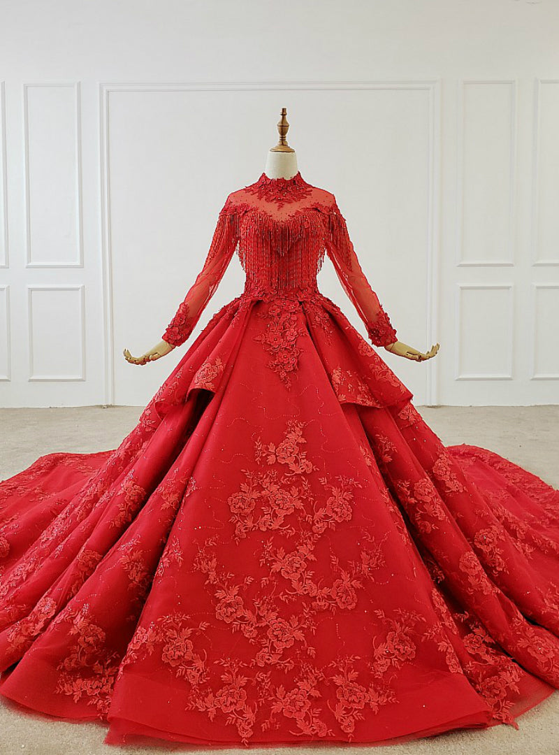 Red Ball Gown Tulle Appliques High Neck Long Sleeve Beading Wedding Dress With Long Train