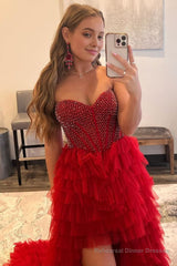 Red Beaded A-Line Tiered High Low Prom Homecoming Dress