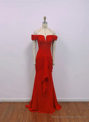 Red Chiffon Mermaid Off Shoulder Wedding Party Dress, Red Long Formal Dress