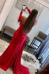 Red Detachable Long Sleeves Long Prom Dress with Feathers