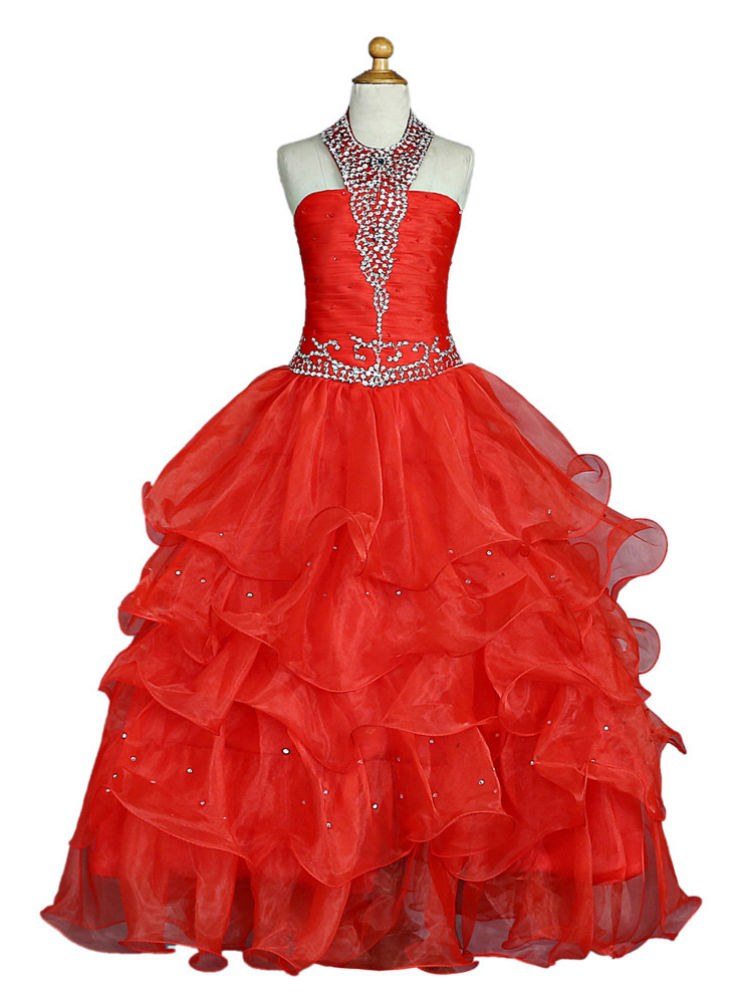 Red Girls Pageant Dresses For Weddings Ball Gown Halter