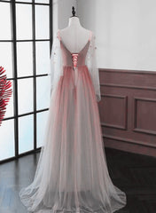 Red Gradient A-line Tulle with Lace Party Dress, Red Floor Length Prom Dress