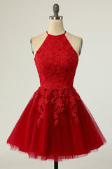 Red Homecoming Dresses Halter Sleeveless Applique A-Line Mini Prom Dresses