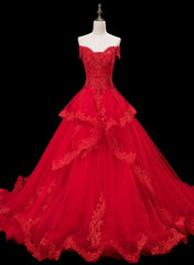 Red Lace and Tulle Gorgeous Off Shoulder Princess Sweet 16 Dress, Red Formal Gown