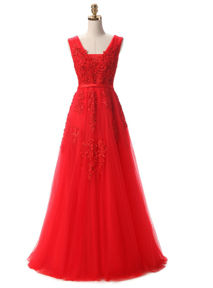 Red Lace Beading Sexy Backless Prom Dress