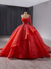 Red Long Sleeve One Shoulder Beading Prom Dress