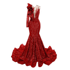 Red Mermaid One Sleeve Prom Dresses Sequined Lace Jewel Ruffles Evening Party Dress with Appliques