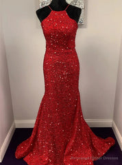 Red Mermaid Sequins Halter Backless Prom Dresses