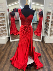 Red One-Shoulder 3D Floral Lace Pleated Long Gown with Slit