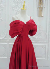 Red Satin A-line Straps Long Evening Dress, Red Long Party Dress