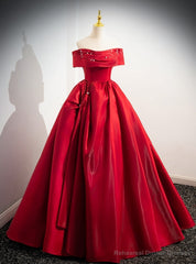 Red Satin Off the Shoulder Pleats Pearls Prom Dress