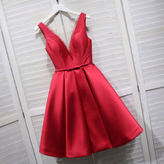 Red Satin V-neckline Knee Length Homecoming Dress, Red Short Prom Dress