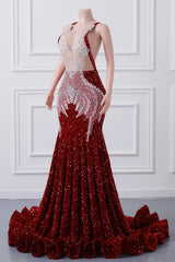 Red Sequin Mermaid Prom Dresses Luxury Silver Crystal Beaded Sheer Neck Long Formal Party Evening Gowns for Black Girls