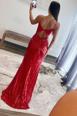 Red Sequin Plunge V Backless Mermaid Maxi Dress with Slit