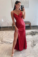 Red Sequin Plunge V Backless Mermaid Maxi Dress with Slit