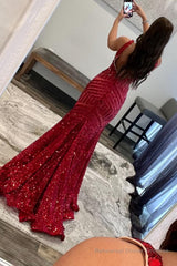 Red Sparkly Deep V Neck Sequin Mermaid Prom Dress