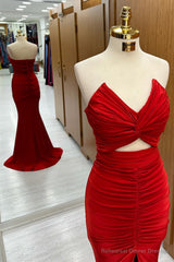 Red Strapless Twisted Knot Mermaid Long Formal Dress with Slit