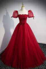 Red Tulle Floor Length Evening Party Dress, Red Short Sleeve Graduation Dress