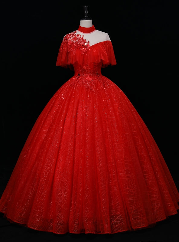 Red Tulle High Neck Backless Beading Quinceanera Dress