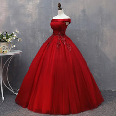 Red Tulle Long Off the Shoulder Sweet 16 Dress, Red Party Gown