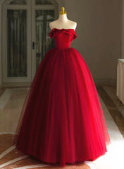 Red Tulle Long Scoop Long Prom Dress Party Dress, Red Evening Dress