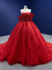 Red Tulle Long Sleeve Off the Shoulder Pearls Prom Dress