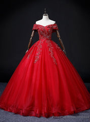 Red Tulle Off the Shoulder Beading Quinceanera Dress