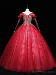 Red Tulle Off the Shoulder Sequins Beading Quinceanera Dress